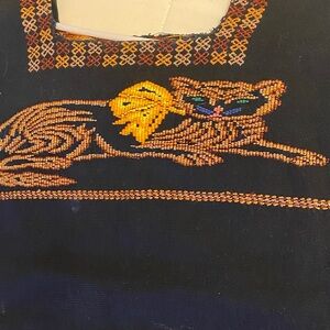 Beaded Cat Embroidered Black GuatamalanTop - Orange & Yellow Accent